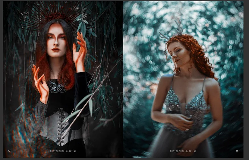 Страници от Photohouse Magazine с два портрета на червенокоси жени в гората
